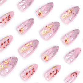 Fall Press on Nails Medium Almond Fake Nails with Pumpkin Leaves Designs Pink Nails Press ons Cute Acrylic Nails Daily Wear Nature False Nails Glossy Glue on Nails Stick on Nails for Women 24Pcs