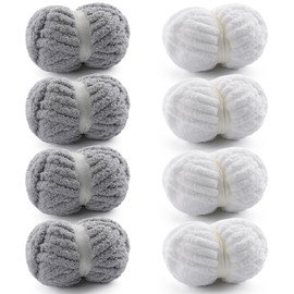 8 Pack Chunky Yarn for Hand Knitting - Chunky Chenille Yarn for Crocheting - Fluffy Yarns for Crochet - Jumbo Yarns for Hand Knitting 28.4 Yds 7.7 Oz Per Roll (8, Light Gray-White)