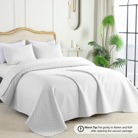 FLYMME Queen Quilt Bedding Set White Lightweight Bedspreads Full Size,Modern Style Geometric Weave Stripe Pattern,Soft Microfiber Bed Coverlet for All Season (1 Quilt, 2 Shams)