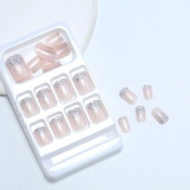 ANDGING Bling Pink Press on Nails Square Short Medium Glitter Fake Nails with Ombre Designs Glue on Nails Acrylic Pressons False Nails for Wedding Gel Fantasy Manicure Stick on Nails for Women