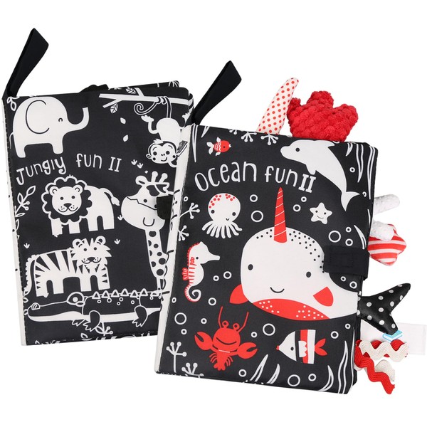 LEADSTAR Black and White Baby Book, High Contrast Baby Cloth Book Toys Soft Activity Crinkle Sensory Bath Books Newborn Educational Learning Cards with Padded 3D Animals Tails for Babies 0-3 Years Old