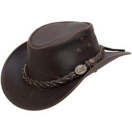Rugged Earth Pathfinder Classic - Durable Leather Hat for Western, Bushcraft & Outdoor | Vintage Cowboy Hat with Air Eyelets & Chin Strap Eyelets, brown, M