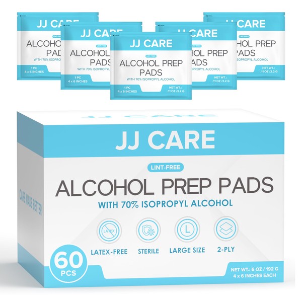 JJ CARE Large Alcohol Prep Pads [Pack of 60], 4 x 6" Sterile Alcohol Pads Individually Wrapped, 70% Isopropyl Alcohol Wipes, 2 Ply Alcohol Swabs, Perfect for Medical, First Aid Kit and Home