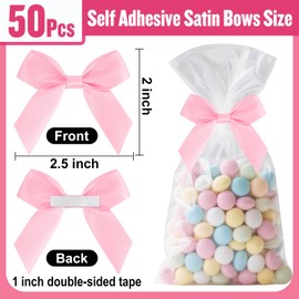 50 Pcs Pink Satin Ribbon Bows, 2" Self Adhesive Satin Small Bows Premade Ribbon Bows with Double-Sided Tape for Gift Wrapping Treat Bags Crafts Wedding Birthday Christmas Party Decorations