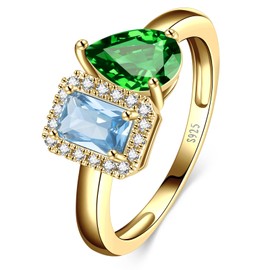 Yaresul Toi Et Moi Ring 925 Sterling Silver 14k Gold Plated Women Aquamarine Engagement Ring White Gold Plated 6x8mm Double Stone Ring Emerald & Pear Cut CZ Wedding Band Width Band 2mm - Size 7