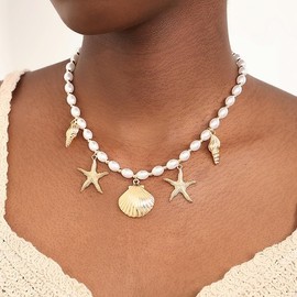 Gold Sea Shell Necklace, Dainty Gold Pearl Jewelry for Women - Ocean Inspired Shell Starfish Charm Accessory Beach Jewelry