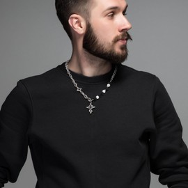 JewelryWe Unisex Stainless Steel Necklace: Silver Obsidian Black Tourmaline Volcanic Stone Cross Pendant Beaded Adjustable Necklace for Men Women