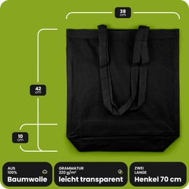 Netuno Fabric Bag Cotton Bag with Long Handles Tote Bag Shopping Bag Shoulder Bag Cotton for Painting Printing Cotton Bag Jute Bag Tote Bag Cotton, Black with bottom gusset