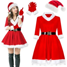 Mukum 4 Pcs Women Christmas Costume Set, Mrs Claus Costume for Women - Velvet Santa Dress with Hat and Gloves for Women- Christmas Holiday Party Outfit Costume Red-M