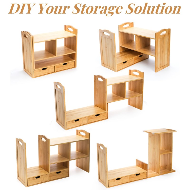 Eorbow Eorbow Bamboo Desktop Bookshelf, Expandable Counter Bookcase, Storage Shelves