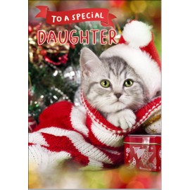 doodlecards Daughter Christmas Card Cute Santa Paws Kitten Cat Pet Christmas Hat Medium Size Christmas Card for Daughter with Plain Envelope