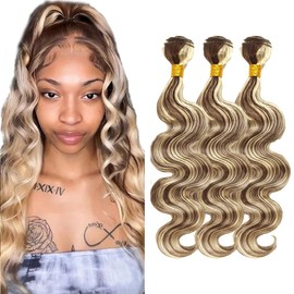 Giginger P4/613 Chocolate Brown Blonde Body Wave Human Hair Bundles 12 14 16 Inch Highlight Body Wave Bundles Weave Bundles Human Hair 4/613 Human Hair Bundles