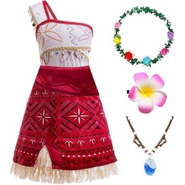 bluaqua Moana Children's Costume with Necklace and Flower Crown and Hair Clip. Moana Princess Costume for Girls, Moana 2 Carnival Hawaiian Birthday Cosplay (100)