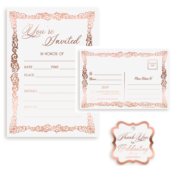 K11 Photo Design 20 Fill In Party Invitations Cards 5x7, Rose Gold Foil, Invitation For Wedding, Invites For Birthday, Bridal Shower, You Are Invited, Vintage, Special Occasions Events Invite Rose 3