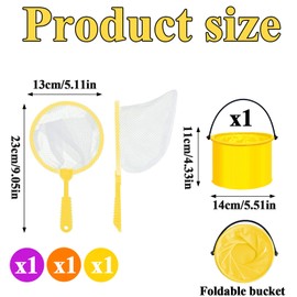 3Pcs Kids Fishing Net, Crabbing Kit, With Yellow Foldable Water Buckets, For Beach Toy Bug And Butterfly Catching Compact