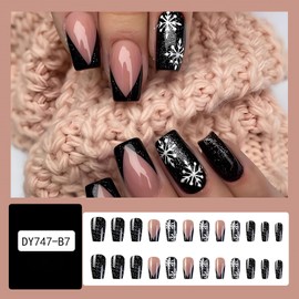 LPOODDNU Christmas Black Press on Nails Medium Coffin Fake Nails with White Snowflake Designs Glossy Black French Tip Glue on Nails, Cute Christmas False Nails Press ons for Women 24 Pcs