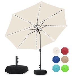 Sundale Outdoor Solar 104 LED 11 ft Patio Umbrella with Sand Bag Umbrella Base, Outdoor Umbrella with Tilt and Crank, Beige