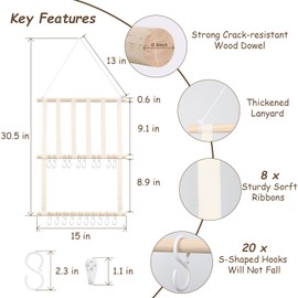 Bow Holder Organizer for Girls Hair Bows, 30x15in Large Headband Holder w/ 8 Ribbons & 20 Plastic Hooks, Wall Hanging Jewerly Clip Hair Accessories Organizer Storage for Baby Toddler(Beige)