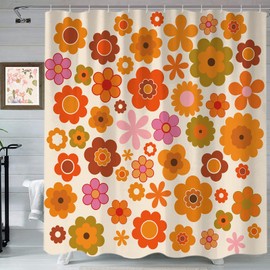 Retro Flowers Shower Curtain, Groovy Brown Orange Sun Flower Vintage 70s Fabric Shower Curtains Set for Bathroom Funky Hippie 1970 Boho Yellow Floral Decoration with Hooks 72 X 72 inch Bath Decor