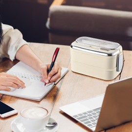Salad Lunch Container | Double Layer Stainless Steel Lunch Box with Cutlery | Stackable Lunch Container with Handle for Dining Out Work Picnic School