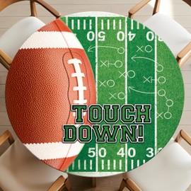 Football Round Fitted Tablecloth with Elastic Waterproof Touch Down Round Table Cover Football Party Decorations for Rugby Sports Party Favors Fits to 44"-48" Round Table (Green Brown, 48" (Round))