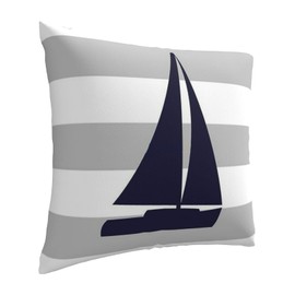 Myshe Square Nautical Navy Blue Sailboat On Silver Gray Stripes Throw Pillow Cover Decorative Cushion Cover Perfect Decor Gift for Sofa Bedroom Home Decoration 18x18