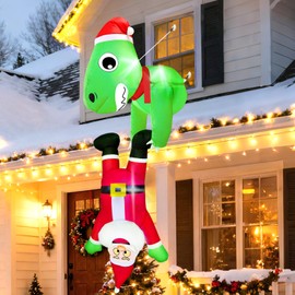 6 Ft Christmas Inflatable Outdoor Decoration, Light Up Christmas Inflatable Falling Santa with Dinosaur Broke Out from Window, Blow Up Xmas Inflatables with Build-in 4 LED for Window Outside Decor