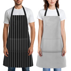 Britimes 2 Pack Aprons, Stripe Durable Adjustable Bib Aprons with 2 Pockets for Women Men Couple Lovers Chef Home Kitchen Cooking Baking Gardening Black Grey Stripes Apron 32x28 Inches