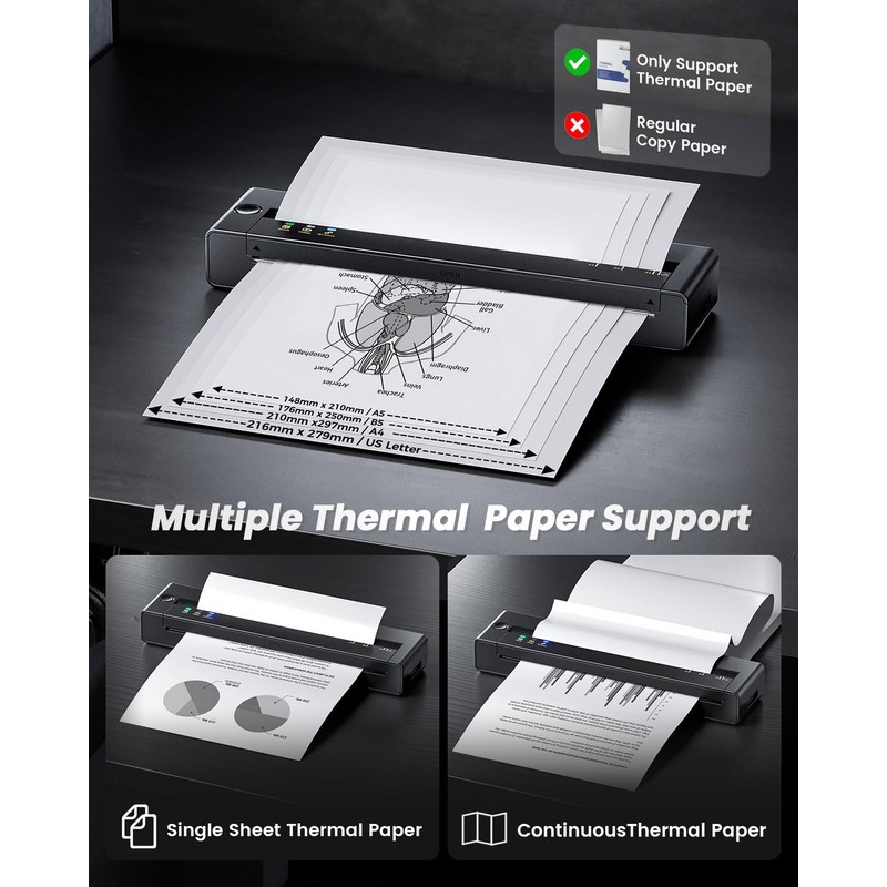 TATTMUSE Portable Thermal Printer A4, A28U Wireless no Ink Printer