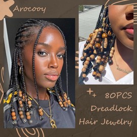 Arocooy 80pcs Wooden Hair Beads for Braids Multi Style Gold Wood Beads Boho Loc Dreadlock Hair Jewelry Acrylic Beads Long Tube Hair Accessories for Women