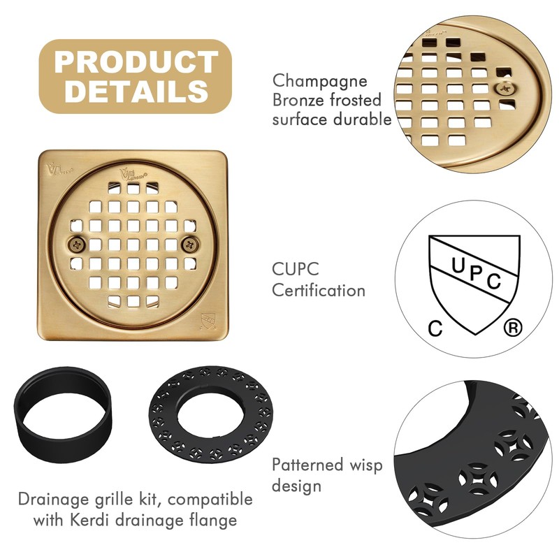 Champagne Bronze 4 inch Drain Grate Kit, Shower Drain Compatible