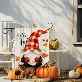 Hello Fall Garden Flag Buffalo Plaid Gnome Garden Flags 12x18 Inch Small Burlap Autumn Pumpkin Sunflowers Double Sided Decor Seasonal Yard Outdoor Decoration