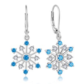 Oskani Snowflake Dangle Drop Leverback Earrings for Women 925 Sterling Silver 5A Cubic Zirconia March Birthstone Aquamarine Color Hypoallergenic Earrings Jewelry Winter Christmas Birthday for Her