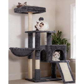 Heybly Cat Tree with Cat Self Groomer Brush, Cat Tower Condo for Indoor Cats with Padded Plush Perch, Cat House with Basket Scratching Board Post, Smoky Gray HCT005SG