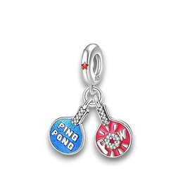 Ping Pong POW Table Tennis Game Racket Charm 925 Sterling Silver Bracelet Charm Bracelet Chain Pendant, Sterling Silver, No Gemstone