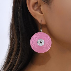 Pink Vinyl Record Dangle Hook Earrings for Women Acrylic Disc Circular Statement Fish Hooks Drop Dangling Hanging Earring Lightweight Christmas Music Festival Birthday Party Jewelry Gifts for Y2K Bff