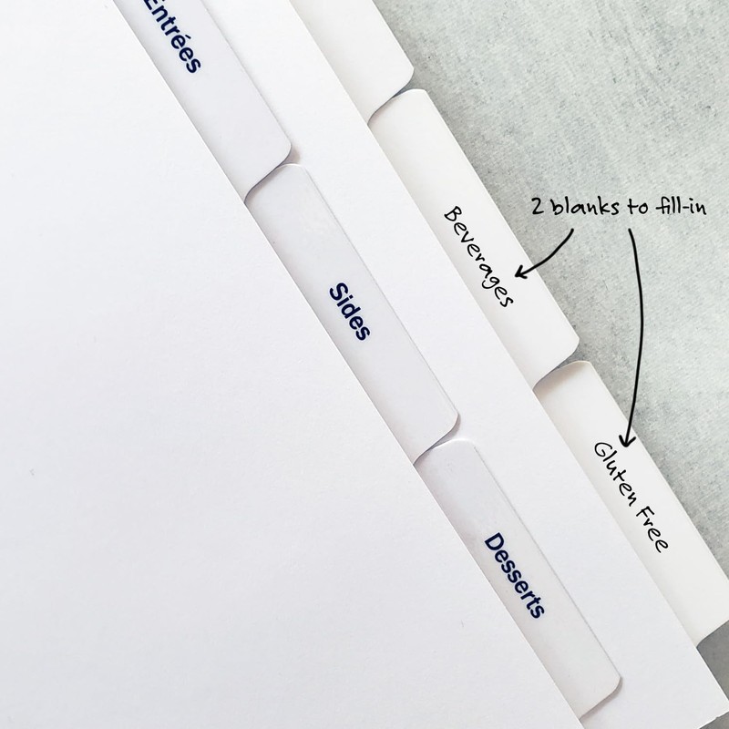 PRE-Printed Recipe Binder Index TAB DIVIDERS – Sets of 10.