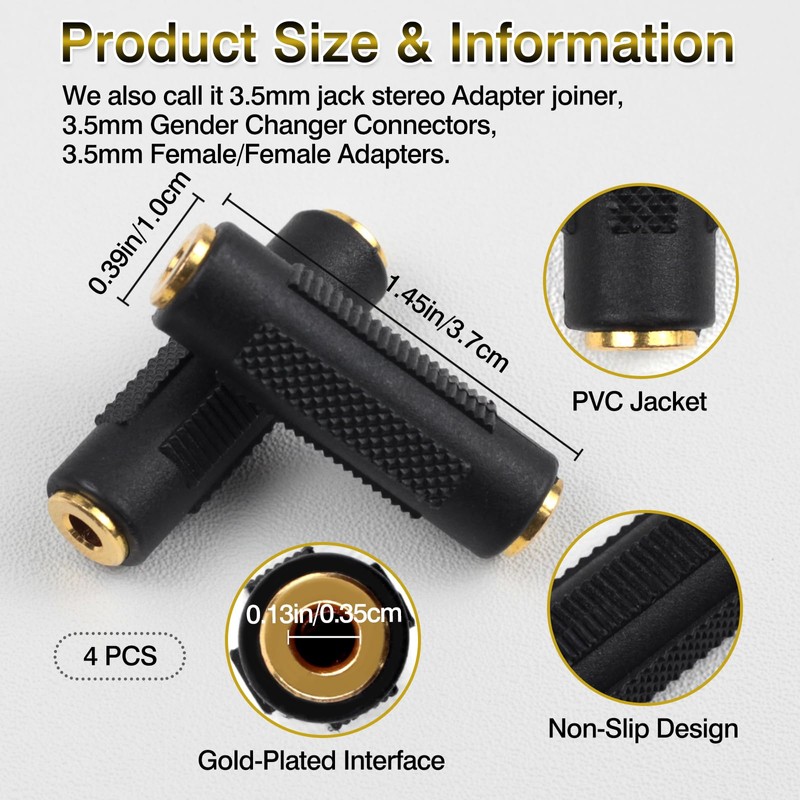 Brvlsoc 3.5mm Stereo Jack Female-to-Female Audio Adapter (4-Pack) – Gold-Plated