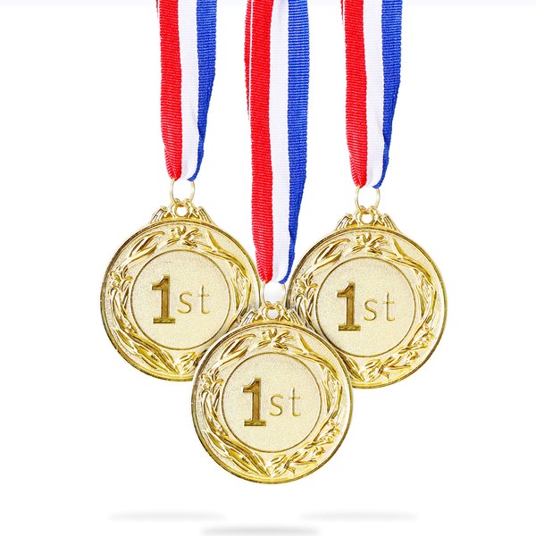 Juvale 6-Pack Gold 1st Place Award Medal Set - Metal for Sports, Competitions, Spelling Bees, Party Favors, 2.5 Inches in Diameter with 32-Inch Ribbon