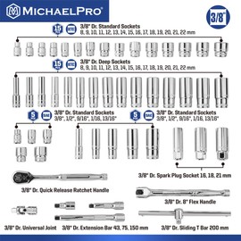 MichaelPro 50-Piece 3/8'' Dr. Socket Set, 90-Tooth Standard & Deep Sockets, SAE 3/8''- 13/16'' & Metric 8-22mm, with Extensions, 8'' Flex Handle, Sliding T-Bar, Universal Joint, CR-V Steel | MP005060