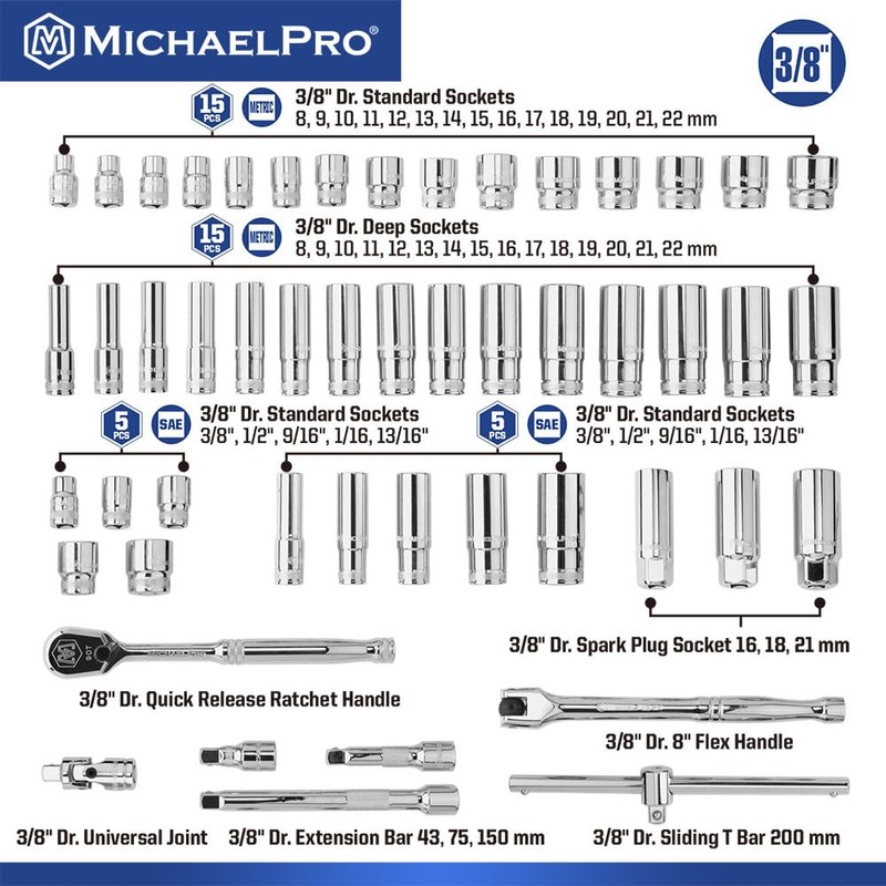 MichaelPro 50-Piece 3/8'' Dr. Socket Set, 90-Tooth Standard & Deep