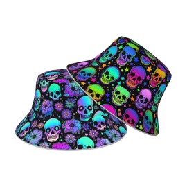 Funny Colorful Skull Bucket Hats for Men Women Summer Beach Fisherman Hat Cute Double Sided Wearing Sun Cap Travel Outdoor Hiking
