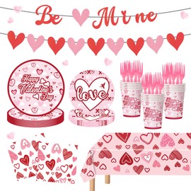 VZCBZC 122PCS Valentine's Day Party Supplies Pink Heart Paper Plates Napkins Banner Tablecloth Tableware Set for Valentine's Day Party Decorations Serves 24
