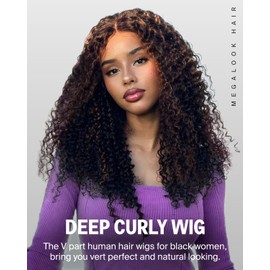 Megalook hair FB30# V Part Wig Human Hair Half Wigs for Women U Part Wig with Clip Highlight Wigs 12A Deep Curly Wig Human Hair 200% Density Glueless V Part Wig Beginner Friendly No Sew In 22 Inch