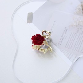 Aneneiceera Vintage Red Satin Flower Hair Clip Barrette Red Velvet Hair Clamp Barrette Thick Floral Crystal Hair Claw Pin Clips Decorative Hair Accessories for Women (Rose)