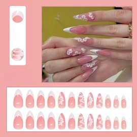 Embossed Flowers Press on Nails Medium Almonds White French Fake Nails with Diamond Designs Spring Floral Stick on Nails Press ons Nude Pink Acrylic Nails Glossy Flower Nail Parties for Women 24Pcs