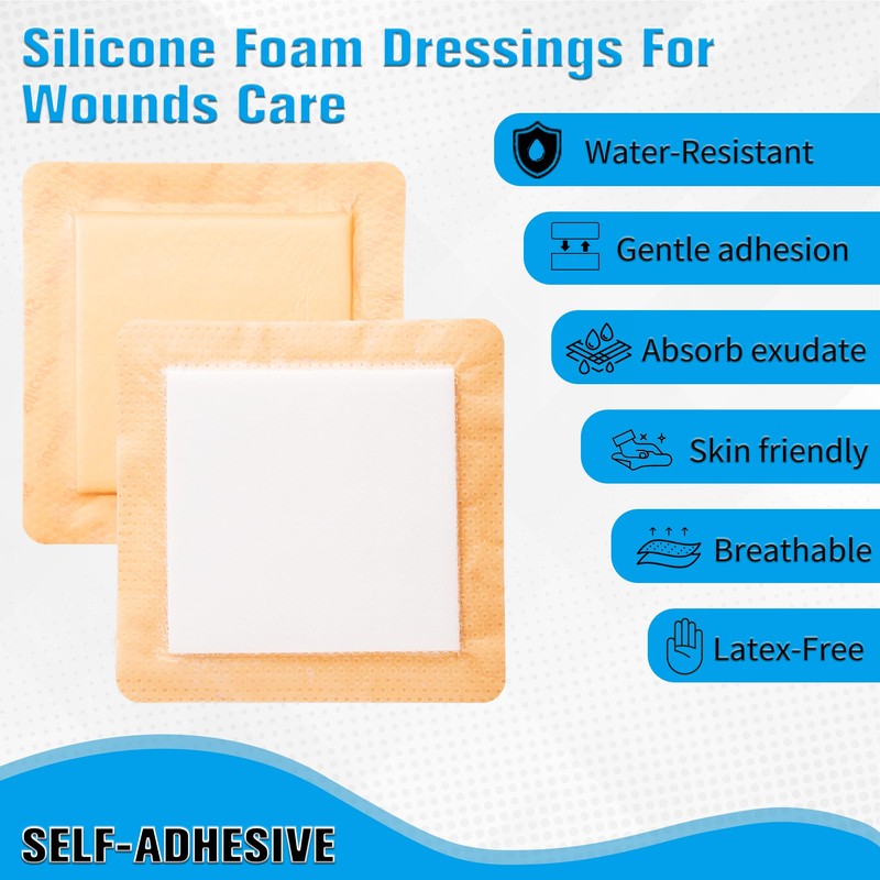 10 Pack Silicone Foam Dressing with Border, 3x3 Inch Bandage