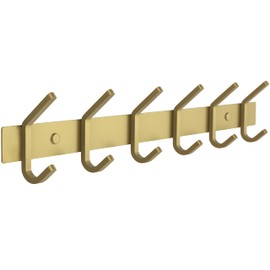 SAYONEYES Brushed Gold Wall Mounted Coat Rack – 17 Inch Stainless Steel Rail with 6 Double Coat Hooks for Entryway, Bathroom, Bedroom, Kitchen – Modern Gold Hook Rack for Coats, Hats, Towels