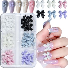 3D Bow Nail Charms, 6 Colors 3D Acrylic Colorful Bowknot Nail Art Rhinestones Pink White Black Blue Resin Bow Nail Stud Acrylic Nail Supplies Manicure DIY Nail Decorations