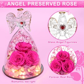 Tiaronics for Women, Large Angel Figurines with Real Roses, Preserved Real Flower Rose for Her, Angel Roses Gifts for Her, Mom, Girlfriend - Hot Pink